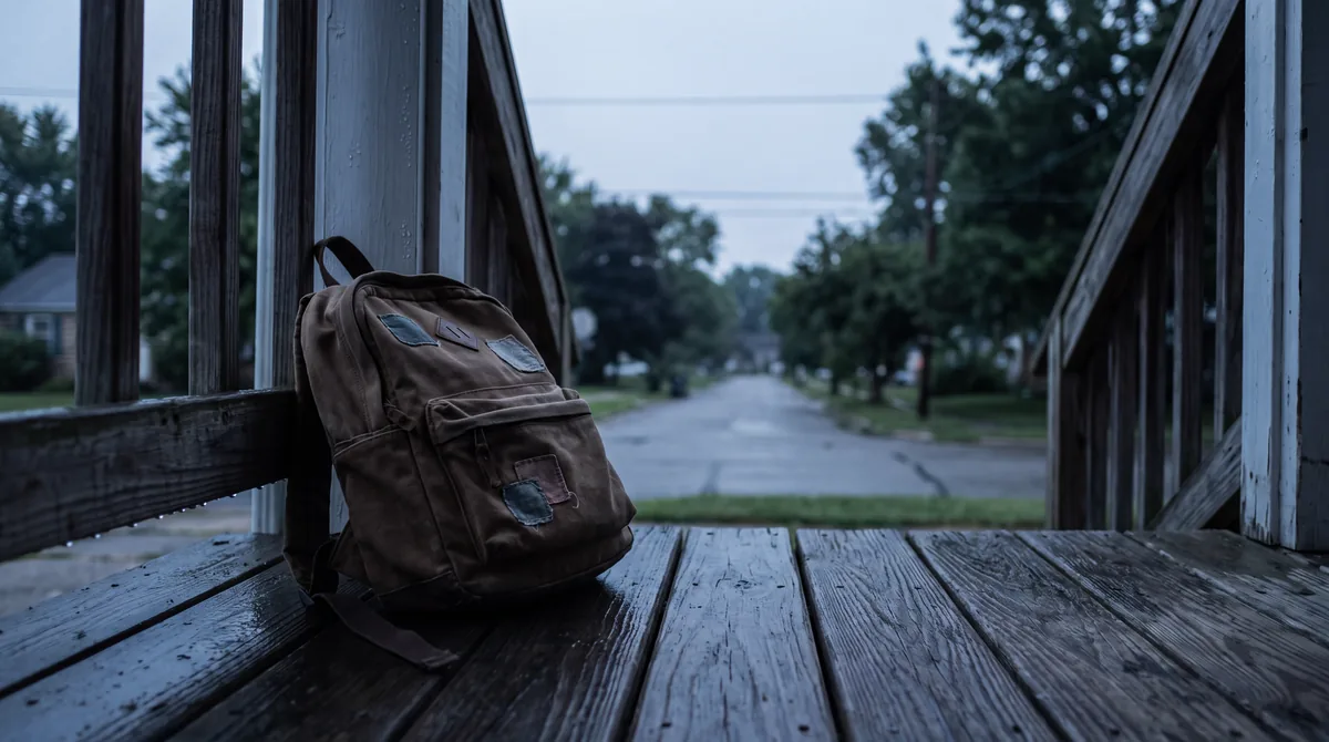 A child's backpack on a porch step at seven in the morning, dew on the rail.