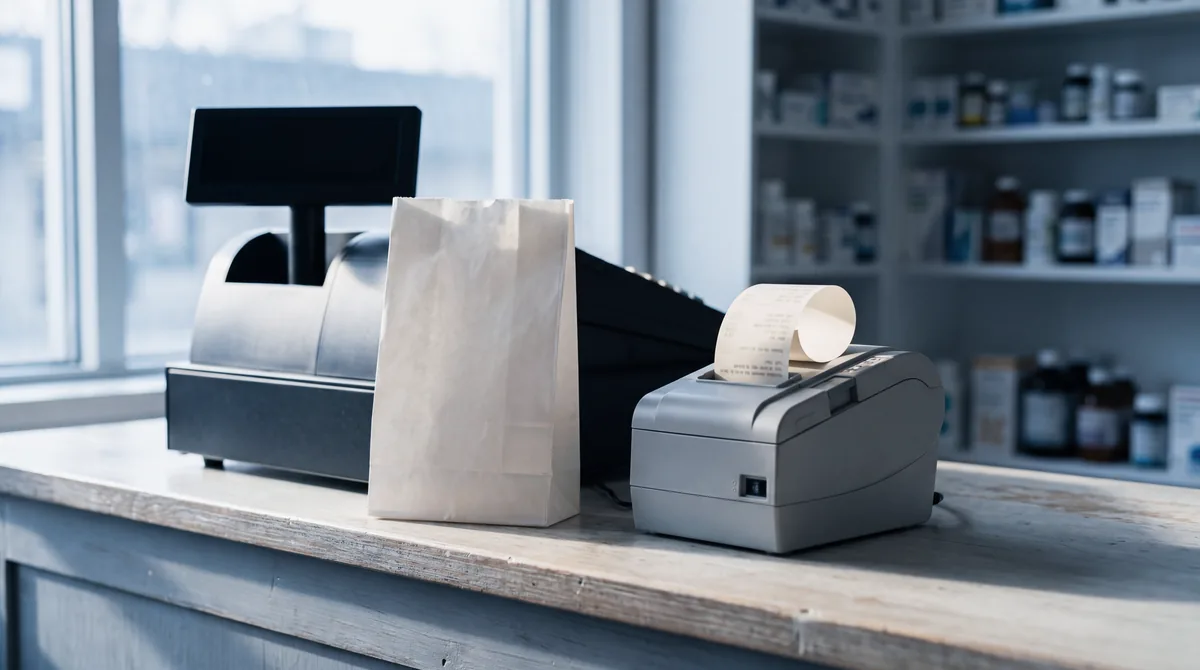 A pharmacy counter as a receipt prints, a white paper bag beside the register.